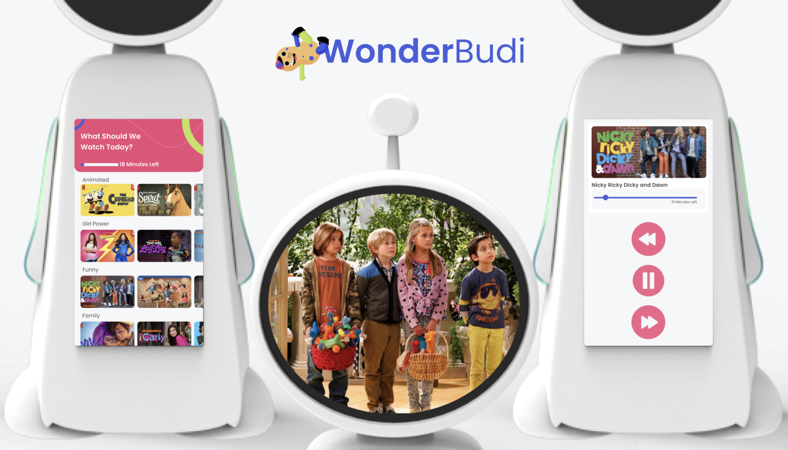 WonderBudi robot showing the show and video activity interface with categories: animated, all shows, funny, family, and a full-screen video playing in the center circular display